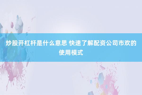 炒股开杠杆是什么意思 快速了解配资公司市欢的使用模式